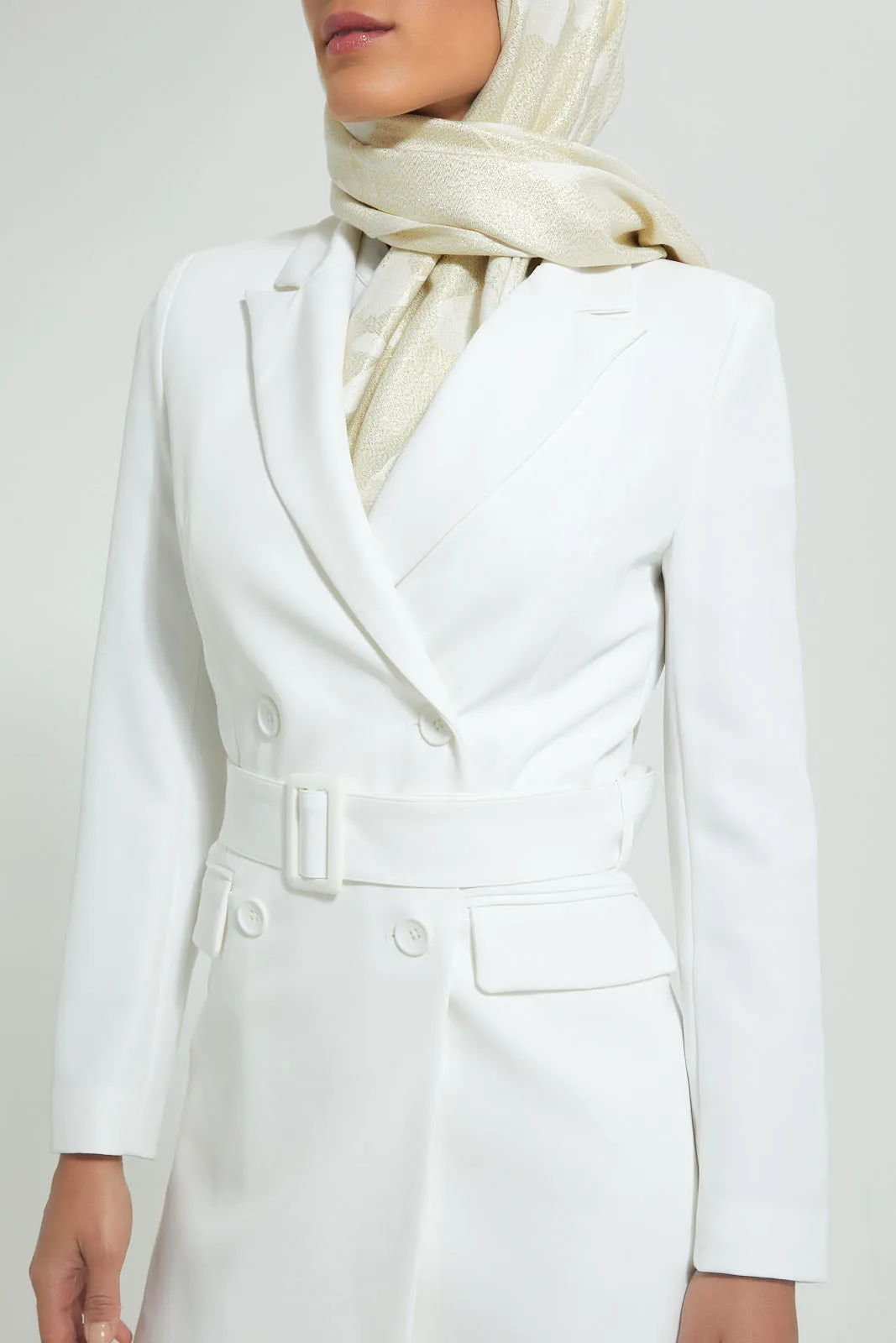 White Belted Long Blazer