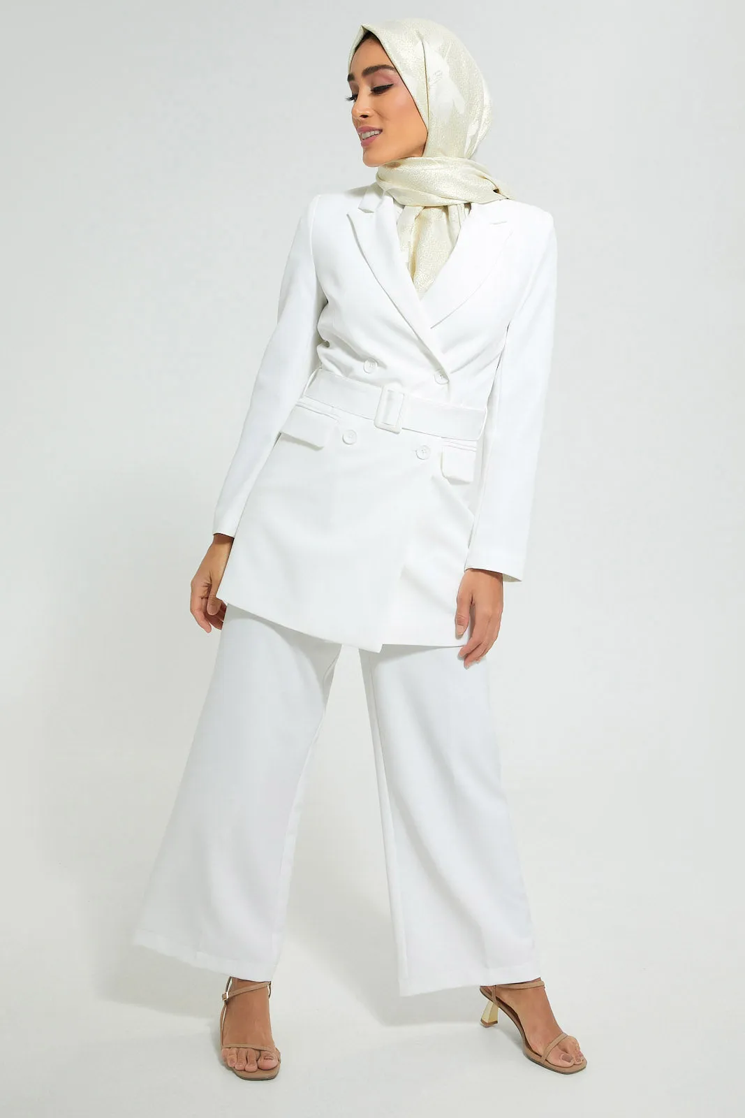 White Belted Long Blazer