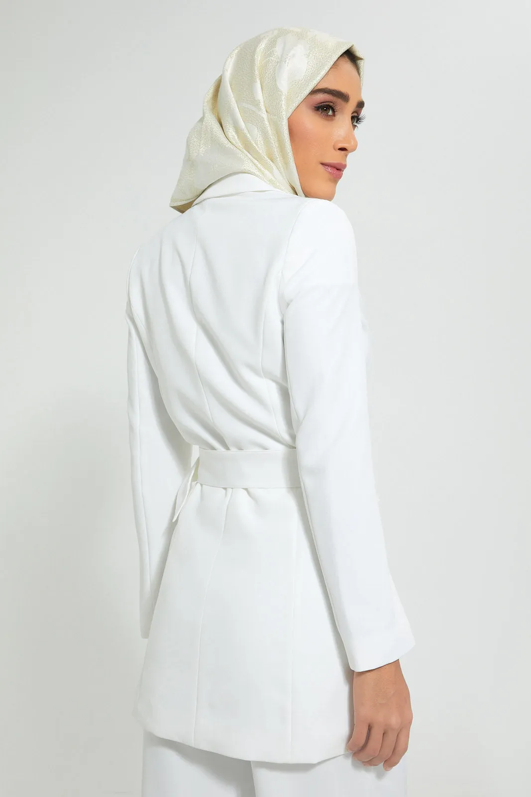 White Belted Long Blazer