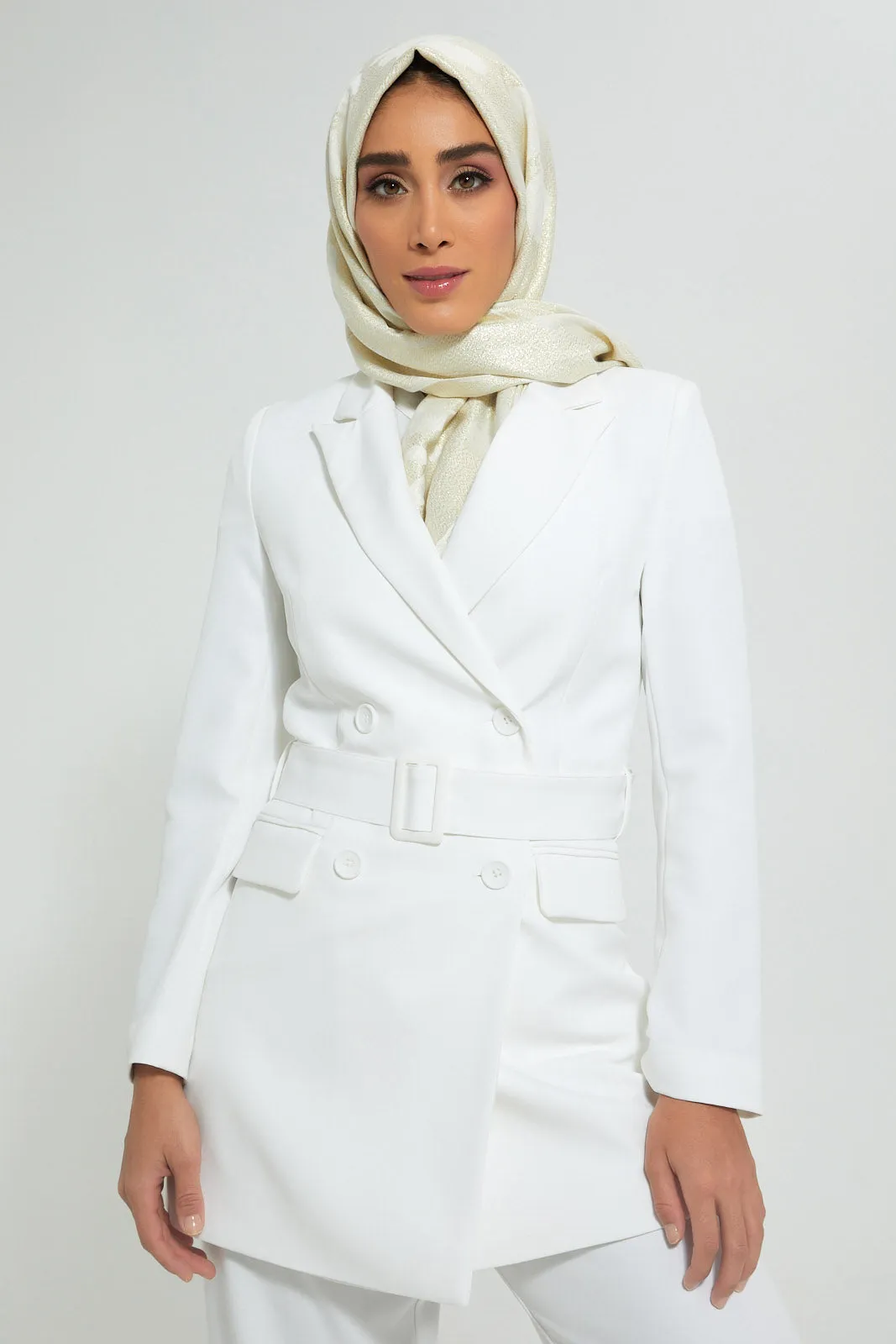 White Belted Long Blazer