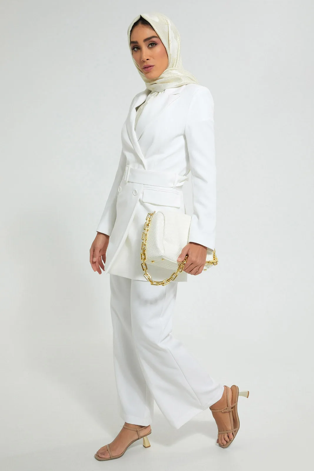 White Belted Long Blazer